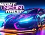 A high-speed cyberpunk racing scene in a neon-lit city, featuring futuristic cars with glowing trails on a dark urban track.