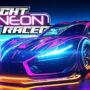 A high-speed cyberpunk racing scene in a neon-lit city, featuring futuristic cars with glowing trails on a dark urban track.