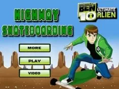 Ben 10 Highway Skateboarding game scene featuring a cartoon hero performing daring tricks while skateboarding at high speeds on a neon-lit futuristic highway. The hero evades obstacles and ramps while leaving glowing trails behind them.