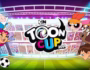 Toon Cup game scene featuring playful, animated characters playing soccer in a vibrant, high-energy sports arena. The background includes colorful stadium elements, animated footballs, and a cheering crowd, creating an exciting atmosphere.