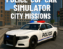Police car in a city street featured in Police Cop Car Simulator City Missions, showing a patrol vehicle with flashing lights in a realistic urban setting.