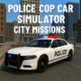 Police car in a city street featured in Police Cop Car Simulator City Missions, showing a patrol vehicle with flashing lights in a realistic urban setting.
