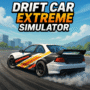 White-and-black drift car with yellow and red racing stripes sliding sideways on a sunlit asphalt track in an urban-mountain backdrop for the Drift Car Extreme Simulator game