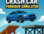Blue sports car jumps between ramps in Crash Car Parkour Simulator game scene with dynamic sky background.