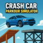 Blue sports car jumps between ramps in Crash Car Parkour Simulator game scene with dynamic sky background.