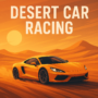 High-speed Desert Car Racing scene featuring a sports car drifting across golden sand dunes under a bright sky, showcasing intense off-road racing action.
