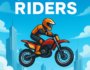 A futuristic motorcycle rider jumps high above a city skyline in SKY CITY RIDERS, showcasing high-speed racing and aerial stunts in an action-packed adventure.