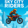 A futuristic motorcycle rider jumps high above a city skyline in SKY CITY RIDERS, showcasing high-speed racing and aerial stunts in an action-packed adventure.