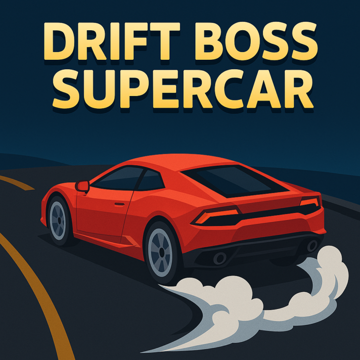 A red supercar drifts on a dark curved road at night in Drift Boss Supercar, showcasing high-speed arcade racing action with sharp turns and intense gameplay.