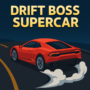 A red supercar drifts on a dark curved road at night in Drift Boss Supercar, showcasing high-speed arcade racing action with sharp turns and intense gameplay.