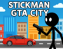 Dynamic digital illustration of a stickman in a GTA-inspired urban setting with bold street art, vibrant cityscape, and edgy gaming culture.