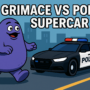 Grimace vs Police SuperCar game artwork showing a high-speed chase between Grimace and a police supercar in a colorful city backdrop.