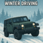 Heavy Jeep Winter Driving on snowy terrain with pine trees in the background
