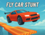 Red stunt car flying off a platform in the sky during an action-packed moment from the Fly Car Stunt game.