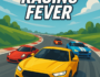 Dynamic 2D digital illustration featuring a high-speed car racing scene on a vibrant cartoon racetrack with colorful racing cars and bold 
