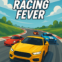 Dynamic 2D digital illustration featuring a high-speed car racing scene on a vibrant cartoon racetrack with colorful racing cars and bold 