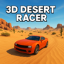 Orange sports car racing through desert dunes in 3D Desert Racer game under a clear blue sky.
