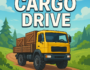 A yellow cargo truck driving on a dirt road in a countryside setting, promoting the Cargo Drive simulation game.