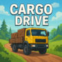 A yellow cargo truck driving on a dirt road in a countryside setting, promoting the Cargo Drive simulation game.