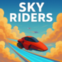 A futuristic hovercraft racing through the clouds in the Sky Riders aerial adventure game, with vibrant colors and dynamic sky elements.