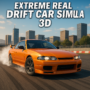 3D drift racing scene with an orange sports car drifting through a city track in Extreme Real Drift Car Simulator 3D game.