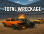 Explosive demolition derby scene from the game Total Wreckage featuring crashing cars in a packed arena.