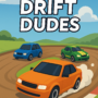 Colorful drift cars racing on a dirt track in the arcade game Drift Dudes.