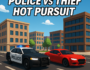 Police vs Thief Hot Pursuit game image showing a police car chasing a red sports car on a city street in a 3D low-poly style.