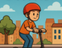 Colorful E-Scooter game illustration showing a rider zooming through a city on an electric scooter.