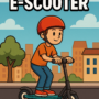 Colorful E-Scooter game illustration showing a rider zooming through a city on an electric scooter.