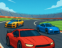 Three high-speed race cars competing on a curved track in the game Dangerous Speedway Cars, showcasing intense racing action and US-style speedway.