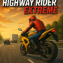 Highway Rider Extreme promotional image featuring a vibrant yellow motorcycle speeding on a multi-lane highway at dusk, capturing dynamic action and high-adrenaline racing.