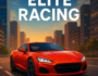Red sports car speeding through a city street at sunset in Elite Racing, a high-speed racing game.