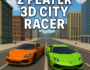 A 3D screenshot from 2 Player 3D City Racer featuring two sporty cars racing through a vibrant urban street, showcasing intense dual-player action and dynamic city visuals.