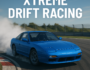 Blue sports car drifting on a racetrack in Xtreme DRIFT Racing, creating smoke during a high-speed corner.
