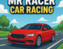 Red sports car racing on a scenic highway in MR RACER Car Racing game under a clear blue sky.