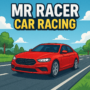 Red sports car racing on a scenic highway in MR RACER Car Racing game under a clear blue sky.