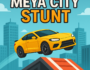 Yellow sports car performing a city stunt on a ramp in Meya City Stunt game with urban skyline background.