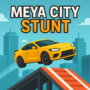 Yellow sports car performing a city stunt on a ramp in Meya City Stunt game with urban skyline background.