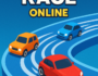 Drifty Race Online 2D digital illustration showcasing vibrant cartoonish cars drifting on a winding track, highlighting thrilling mobile racing game action.
