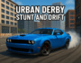 Blue muscle car drifting in an urban city street – Urban Derby Stunt and Drift racing game promotional image.