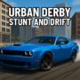 Blue muscle car drifting in an urban city street – Urban Derby Stunt and Drift racing game promotional image.