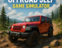 Red off-road Jeep climbing a rocky trail in a forested mountain area, representing an offroad jeep driving simulator game.