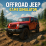 Red off-road Jeep climbing a rocky trail in a forested mountain area, representing an offroad jeep driving simulator game.