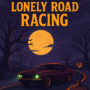 Spooky night scene from Halloween Lonely Road Racing featuring a muscle car racing down a haunted road lined with jack-o'-lanterns and twisted trees.