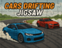 Two drift cars racing on a puzzle track in Cars Drifting Jigsaw game, showcasing dynamic drifting action and jigsaw puzzle design.
