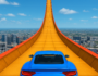Blue GT car on a mega ramp above a city skyline in GT Cars Mega Ramps game.