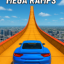 Blue GT car on a mega ramp above a city skyline in GT Cars Mega Ramps game.