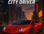 High-speed Hurakan City Driver promotional image featuring a red sports car racing through a neon-lit urban dusk, showcasing dynamic reflections and futuristic city architecture.