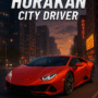 High-speed Hurakan City Driver promotional image featuring a red sports car racing through a neon-lit urban dusk, showcasing dynamic reflections and futuristic city architecture.